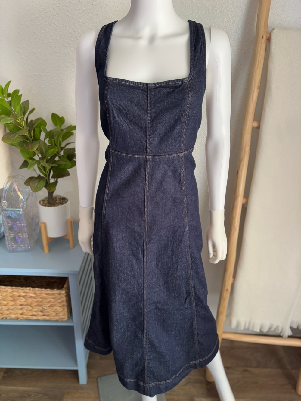 Dark Indigo Denim Midi Dress with Square Neck - Picture 8 of 9